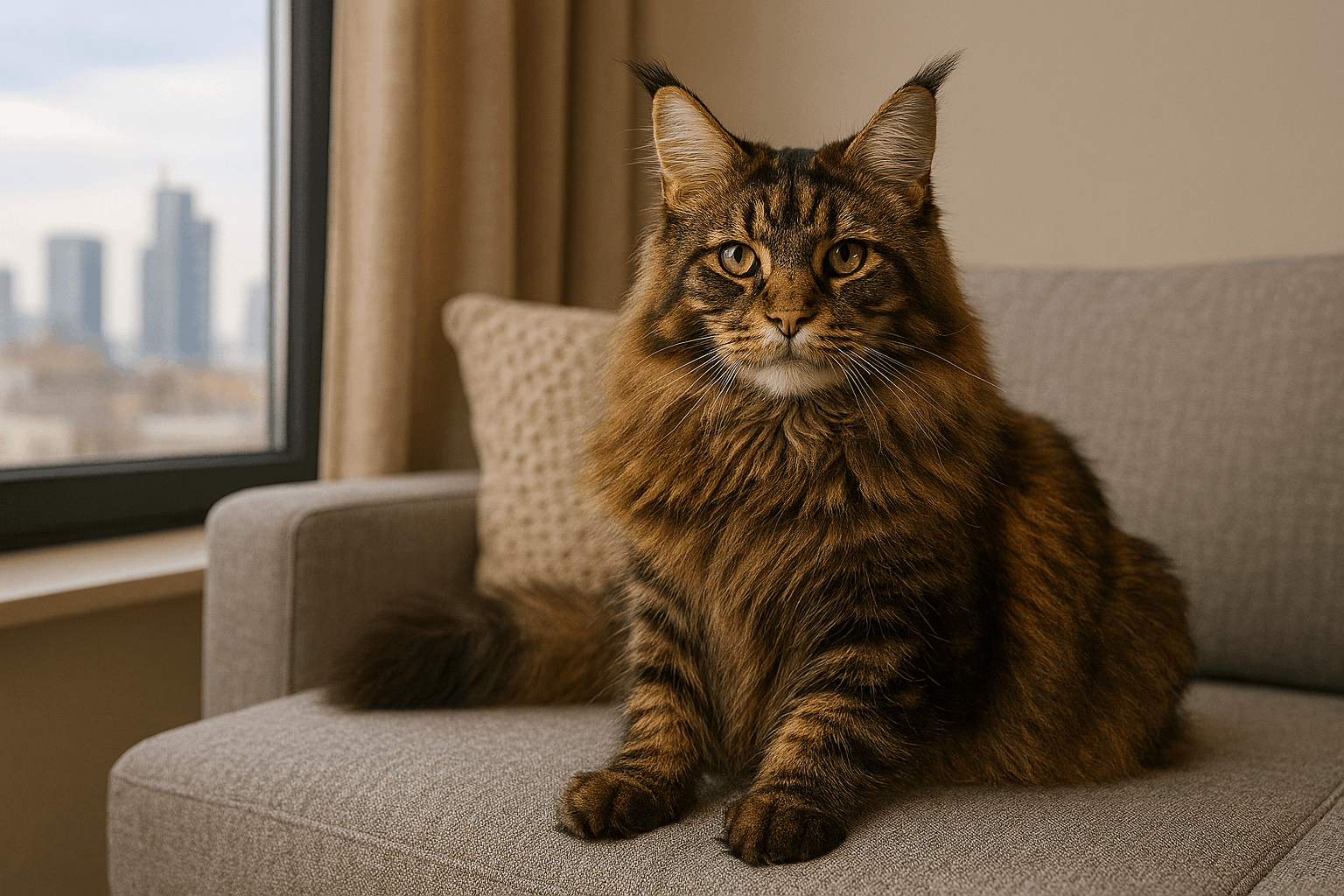 Majestic brown tabby Maine Coon cat sitting on a windowsill with a city skyline in the background at sunrise, bathed in warm natural light.