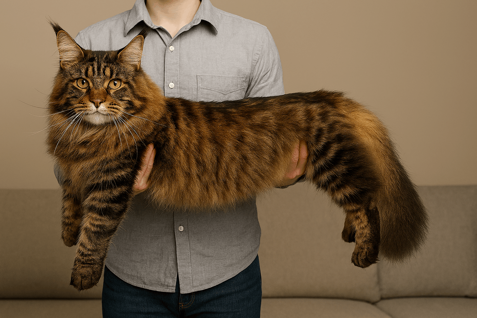 Person holding a large Maine Coon cat horizontally across their chest, showing the cat’s full length and fluffy tail.
